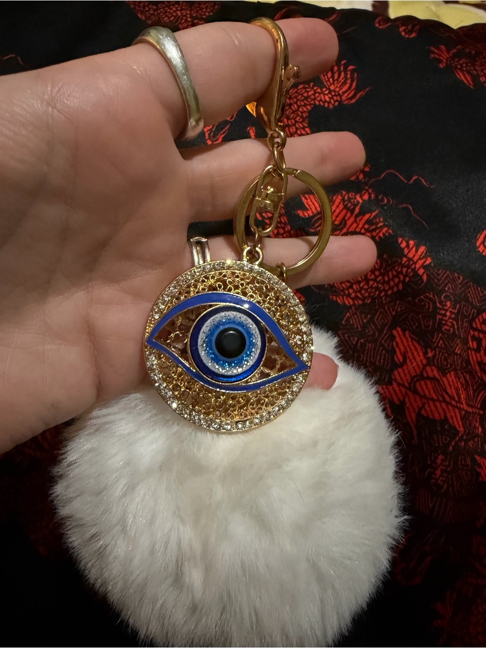 Gold and Blue Evil Eye Pom-Pom Keychain - Unbranded